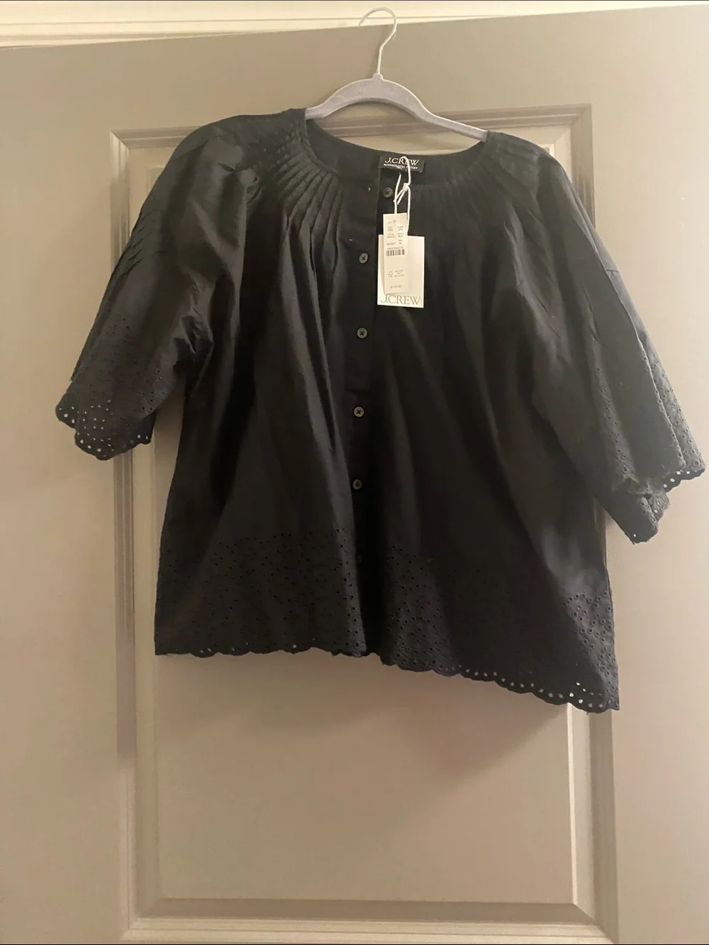 J. Crew Black Eyelet Button-Front Puff Sleeve Top